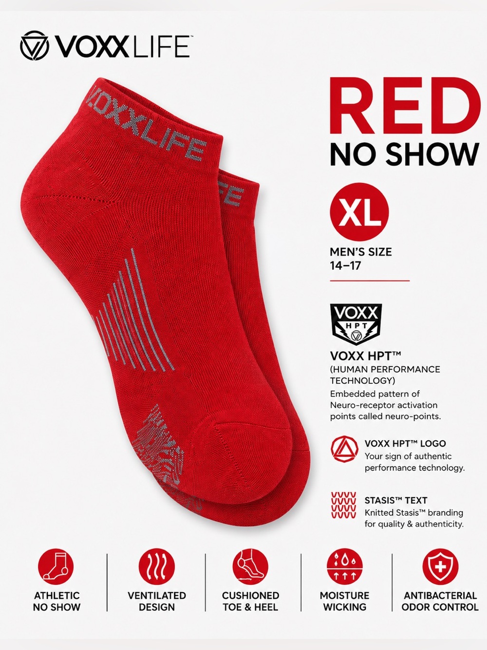 NEW VoxxLife STASIS Athletic No Show Socks XL 14-17 Red HPT Performance Unisex